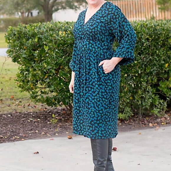 Midi Dress Black Green/Blue Abstract Dots V-Neck Elbow Sleeve Tie Waist Large - Picture 2 of 12